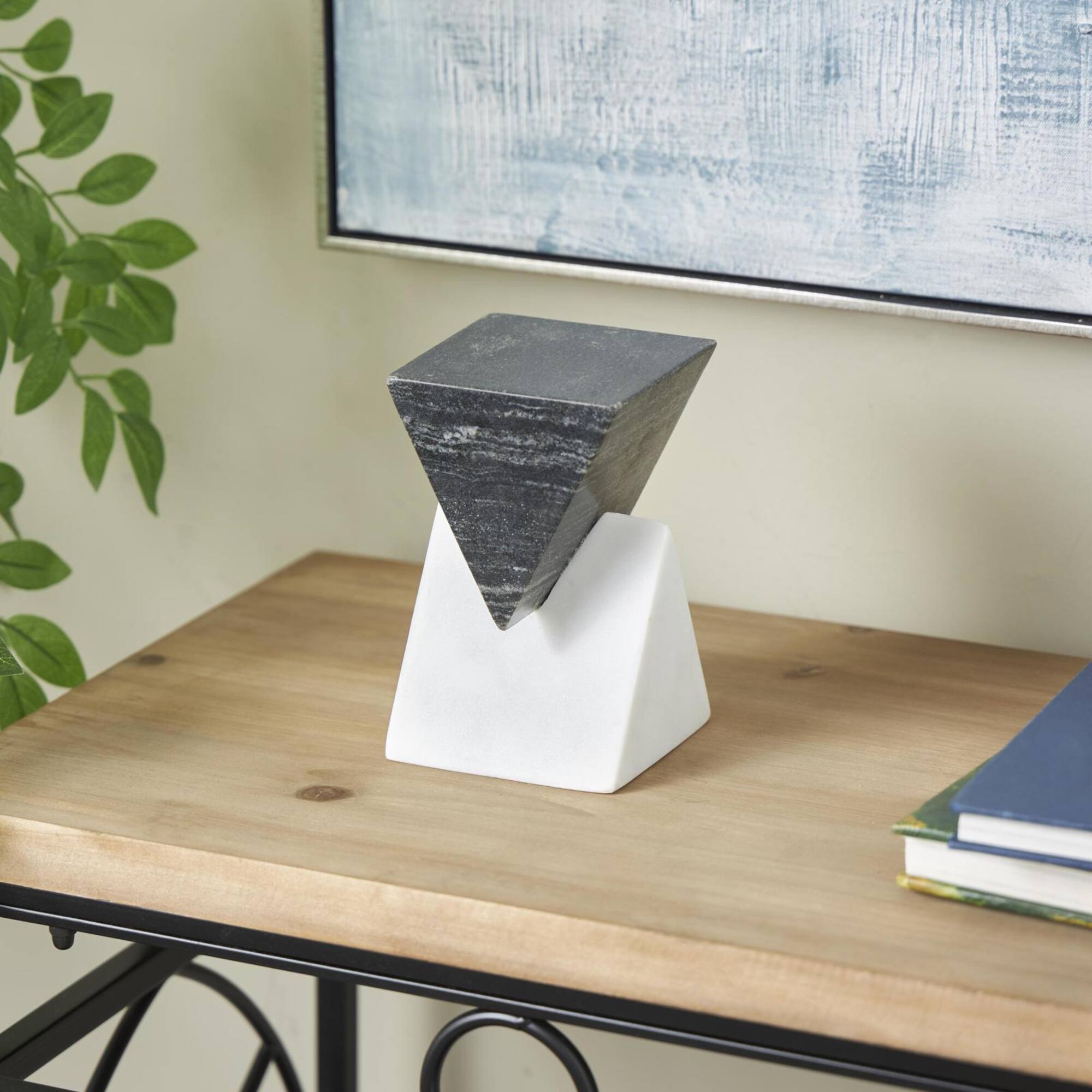 6.5" White & Black Marble Geometric Stacked Pyramid Sculpture